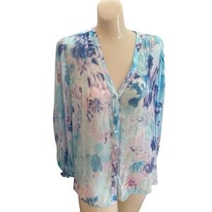 Hale Bob Women’s Blue Purple floral button Down top blouse size S Viscose/Silk